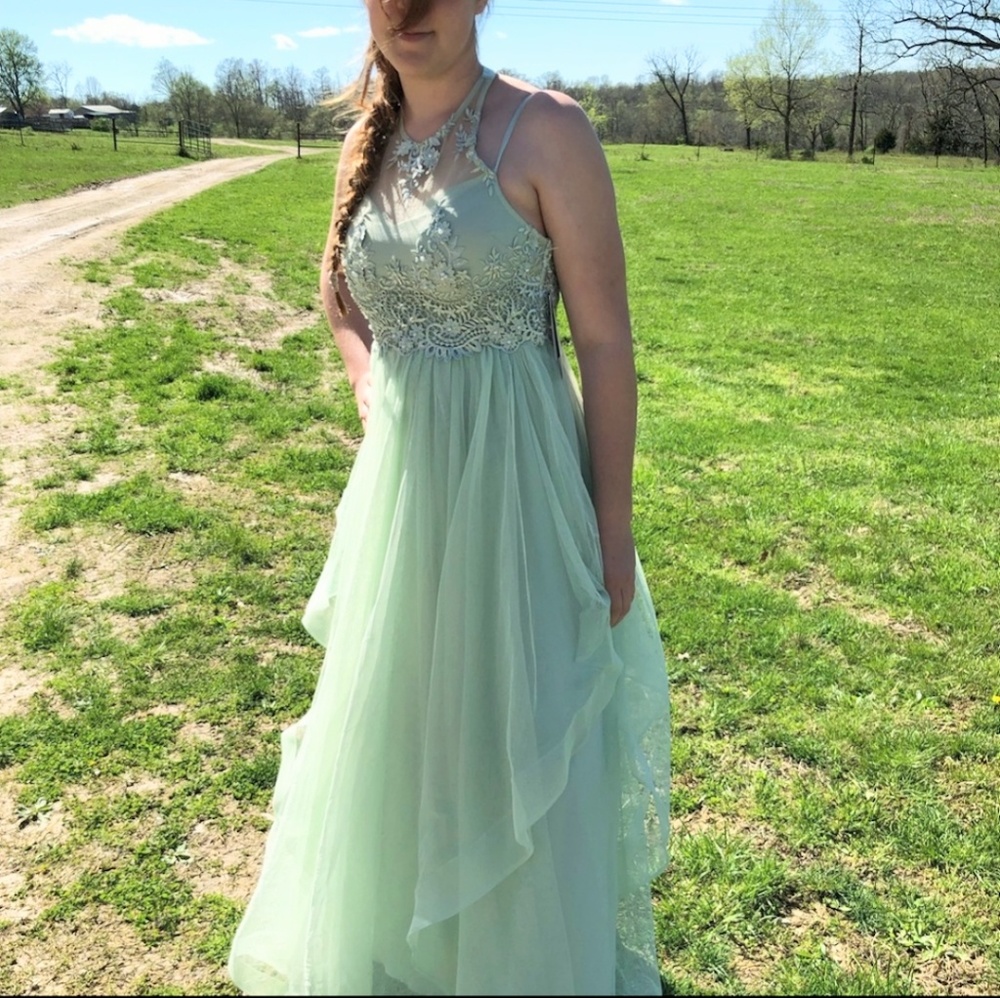 Sequin Hearts Mint Green Beaded Prom Formal Dress - Picture 3 of 7